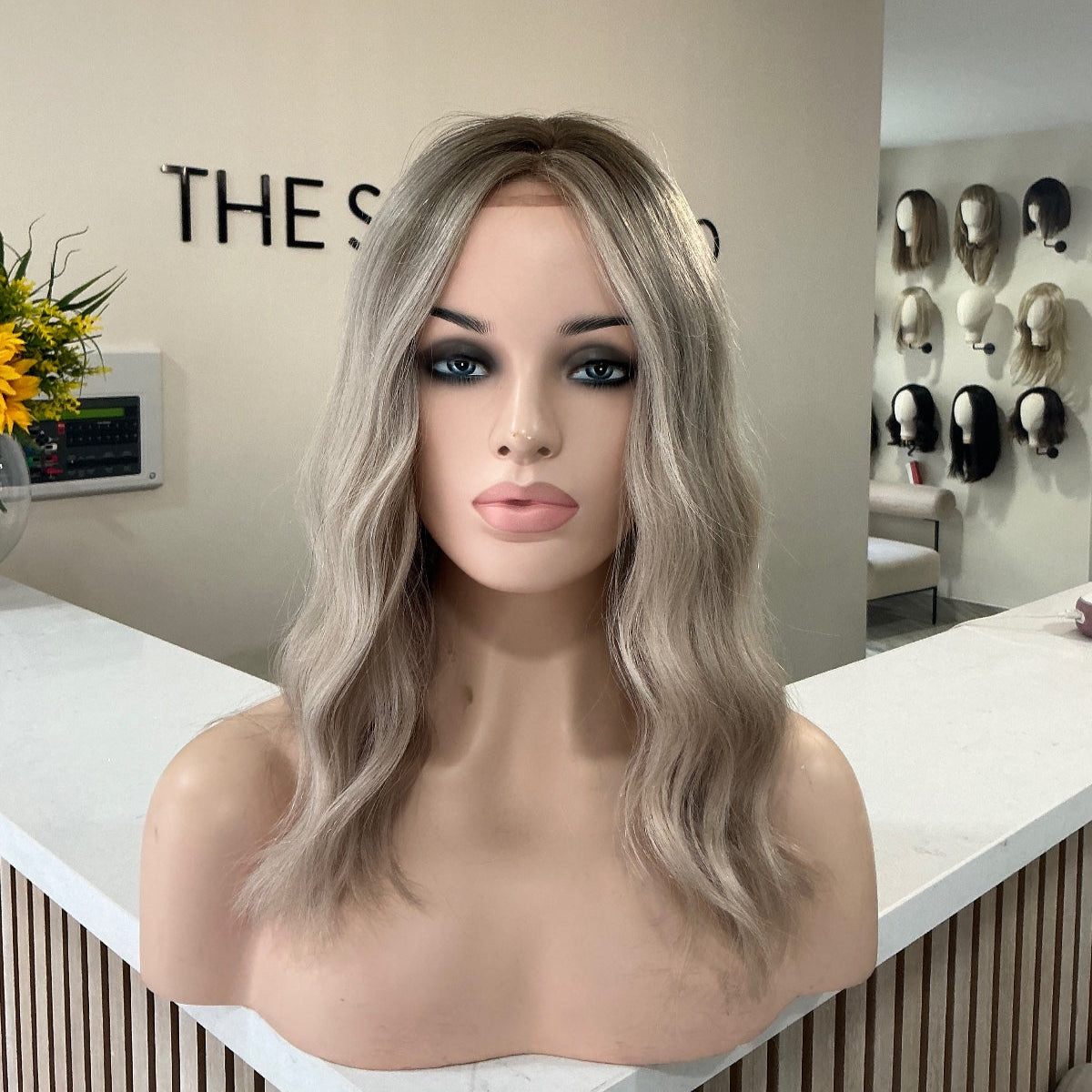 Silver blonde balayage with dark root smudge wig | human hair | lace front | 16-18 inch