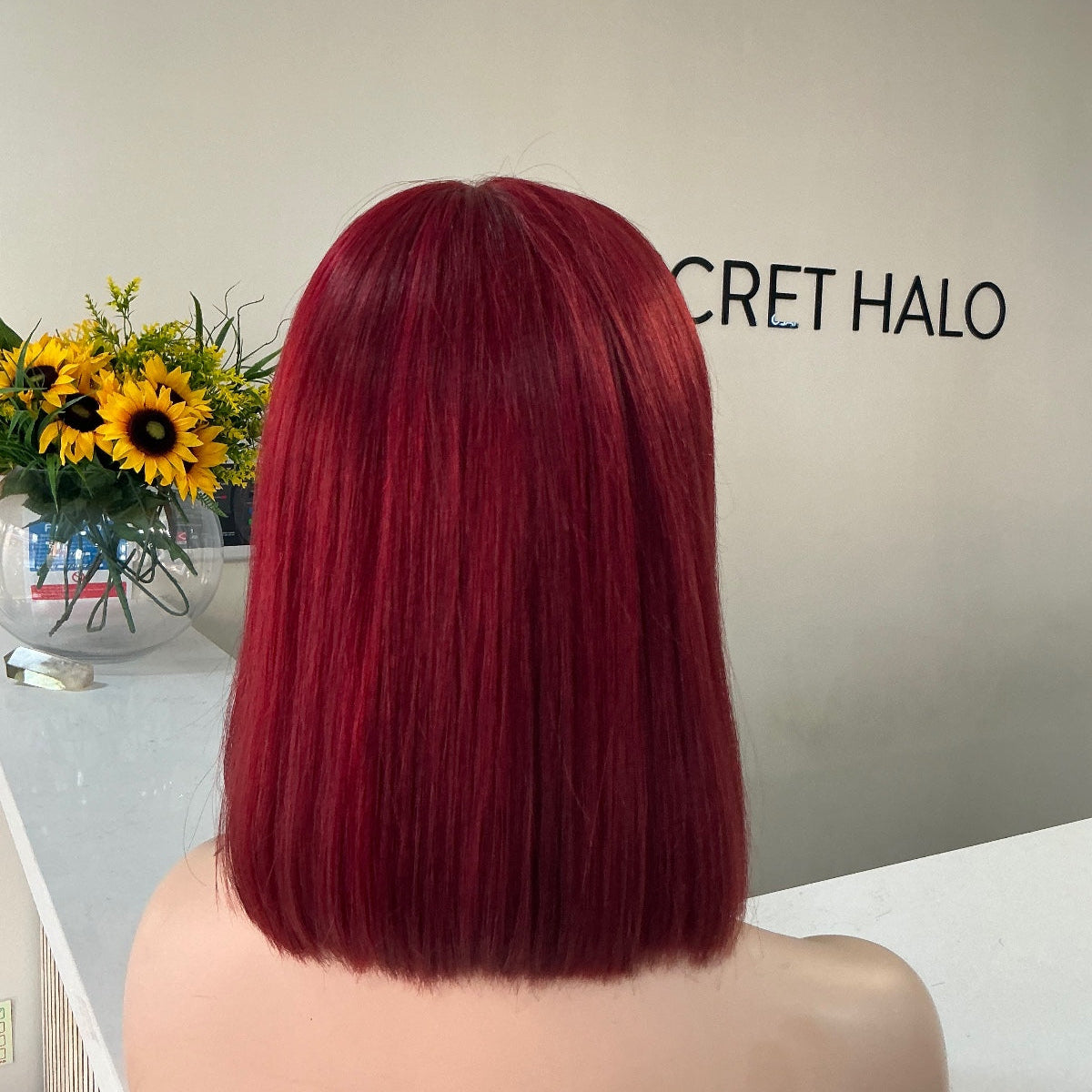 Deep Ruby Red | One length midi bob with fringe | Full hand knotted human wig | Standard cap